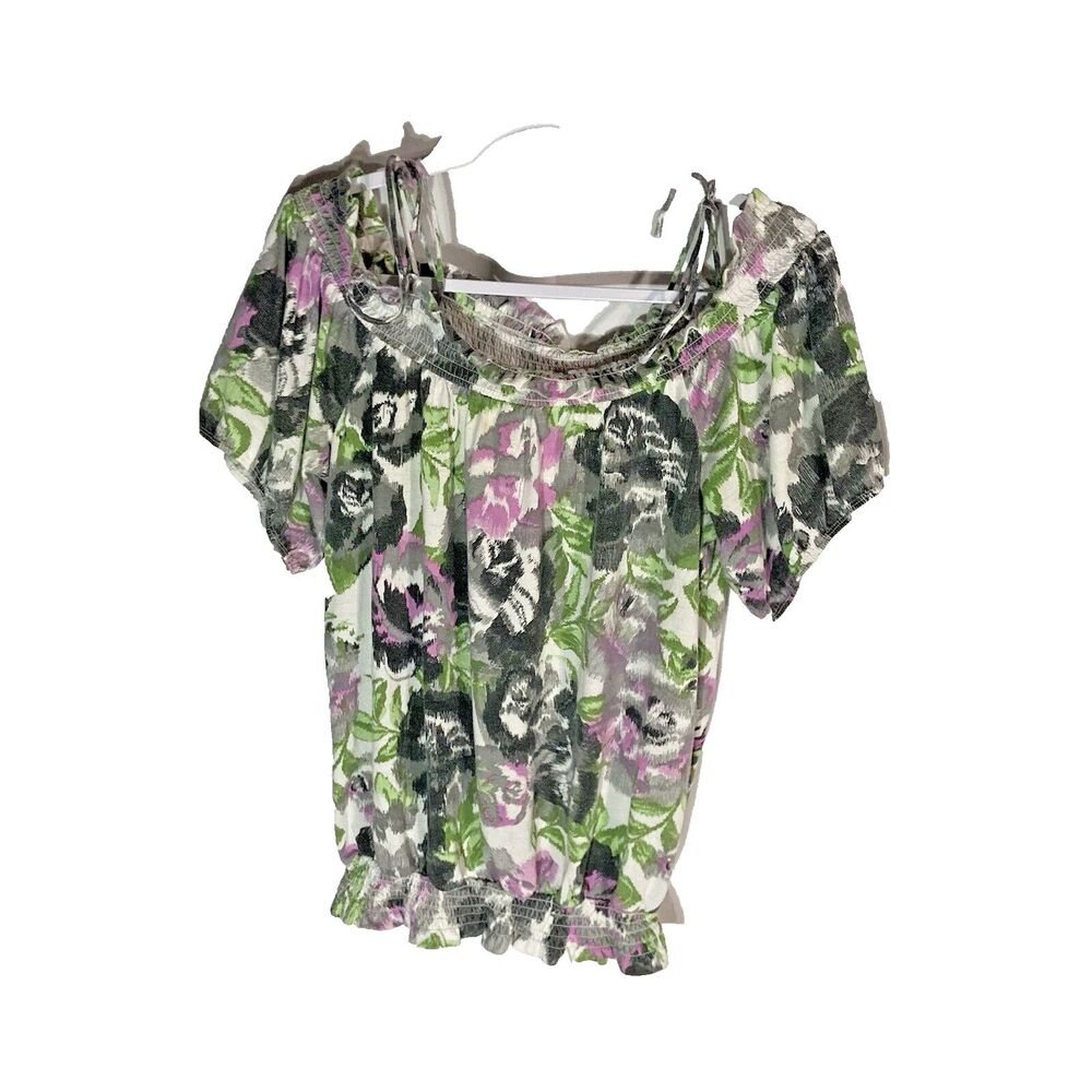 ENERGIE white multicolor floral smocked jersey knit off shoulder top XL